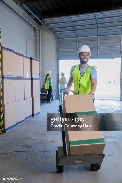 jeune homme indien pousser son chariot manuel rempli de boîtes et entrepôt - diable chariots et charrettes photos et images de collection