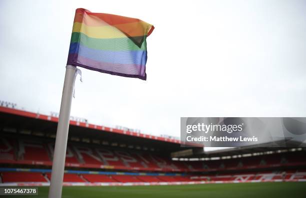 General view of a corner flag in the colours of the rainbow to show support to the Stonewall Charity ahead of the Sky Bet Championship match between...