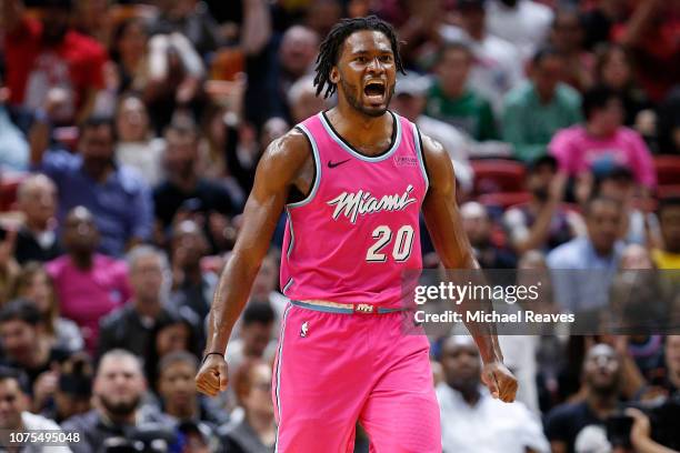 Justise Winslow of the Miami Heat reacts against the Cleveland Cavaliers during the first half at American Airlines Arena on December 28, 2018 in...