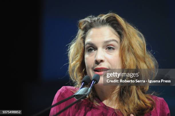 Italian actress Isabella Ragonese holds her speech during the Biennale della Coperazione at Palazzo Re Enzo on November 30, 2018 in Bologna, Italy.