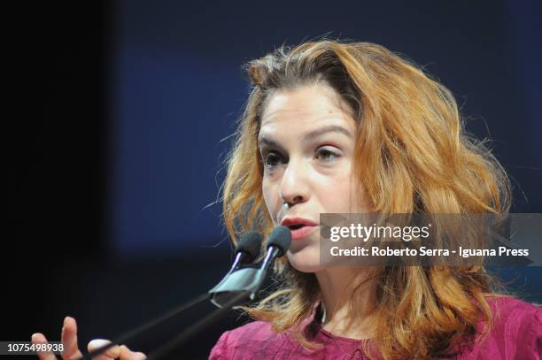 Italian actress Isabella Ragonese holds her speech during the Biennale della Coperazione at Palazzo Re Enzo on November 30, 2018 in Bologna, Italy.