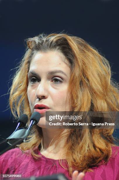 Italian actress Isabella Ragonese holds her speech during the Biennale della Coperazione at Palazzo Re Enzo on November 30, 2018 in Bologna, Italy.