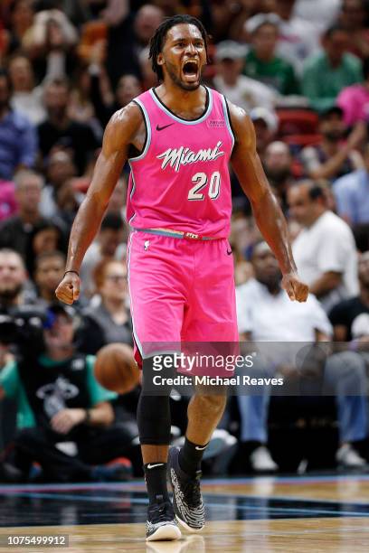 Justise Winslow of the Miami Heat reacts against the Cleveland Cavaliers during the first half at American Airlines Arena on December 28, 2018 in...