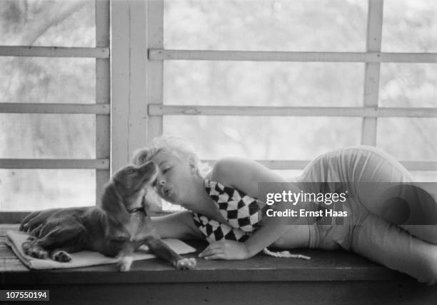 American actress Marilyn Monroe cuddles up to a small dog, during the location shoot of 'The Misfits' in the Nevada Desert, 1960.