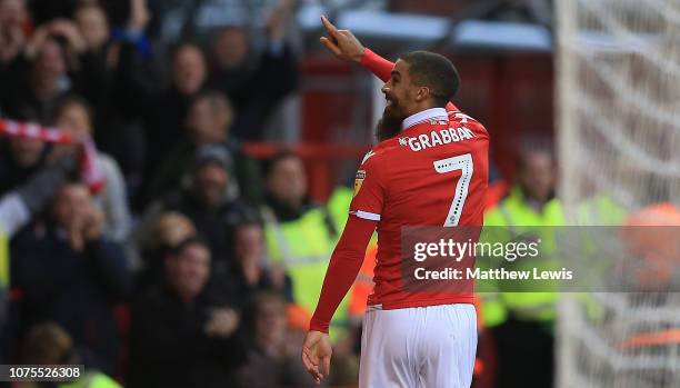 Lewis Grabban of Nottingham Forest celebrates his goal during the Sky Bet Championship match between Nottingham Forest and Ipswich Town at City...