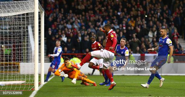 Lewis Grabban of Nottingham Forest scores his second goal during the Sky Bet Championship match between Nottingham Forest and Ipswich Town at City...