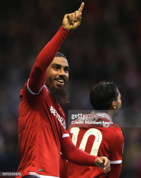 Lewis Grabban of Nottingham Forest celebrates scoring his second goal during the Sky Bet Championship match between Nottingham Forest and Ipswich...