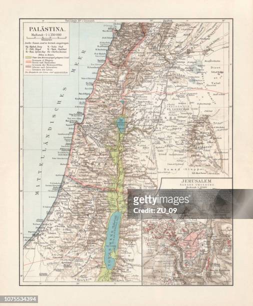 bildbanksillustrationer, clip art samt tecknat material och ikoner med historiska kartor över palestina och jerusalem, litografi, utkom 1897 - jordan