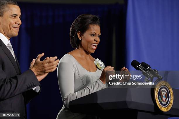 President Barack Obama and first lady Michelle Obama deliver remarks before the president signs the Healthy, Hunger-Free Kids Act of 2010 at Harriet...