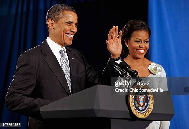 President Barack Obama and first lady Michelle Obama deliver remarks before the president signs the Healthy, Hunger-Free Kids Act of 2010 at Harriet...