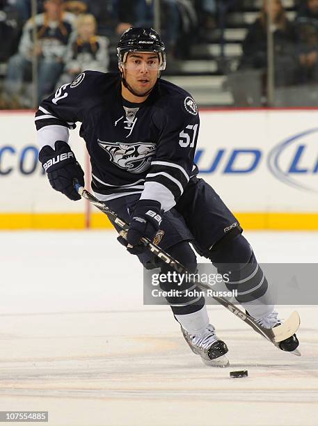 Francis Bouillon of the Nashville Predators skates against the Florida Panthers during an NHL game on December 11, 2010 at Bridgestone Arena in...