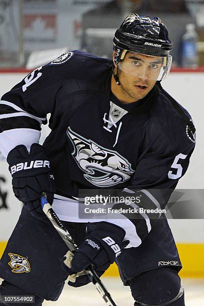 Francis Bouillon of the Nashville Predators skates against the Florida Panthers on December 11, 2010 at the Bridgestone Arena in Nashville, Tennessee.