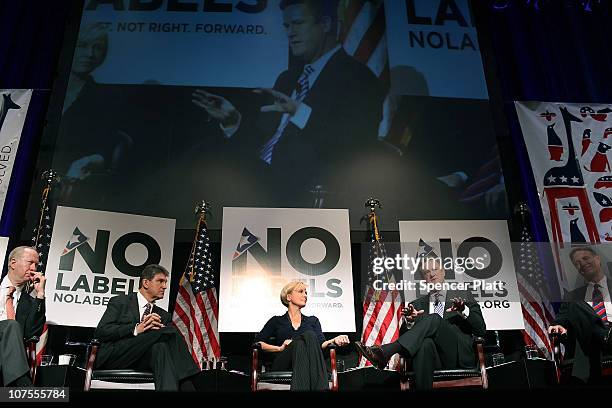 From Left: David Gergen, Senator Joe Manchin, Mika Brzezinski, Joe Scarborough and Senator Evan Bayh participate on a panel for the launch of the...