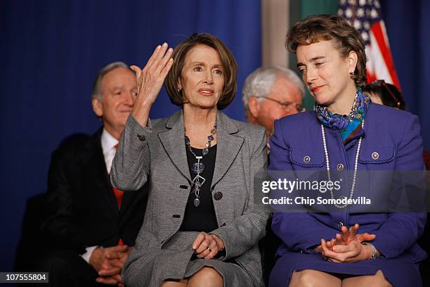 Speaker of the House Nancy Pelosi and U.S. Sen. Blanche Lincoln talk before the signing ceremony for the Healthy, Hunger-Free Kids Act of 2010 at...