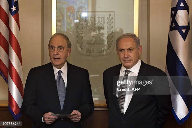 Mideast envoy George Mitchell speaks to the press after a meeting with Israeli Prime Minister Benjamin Netanyahu in Jerusalem on December 13, 2010 as...