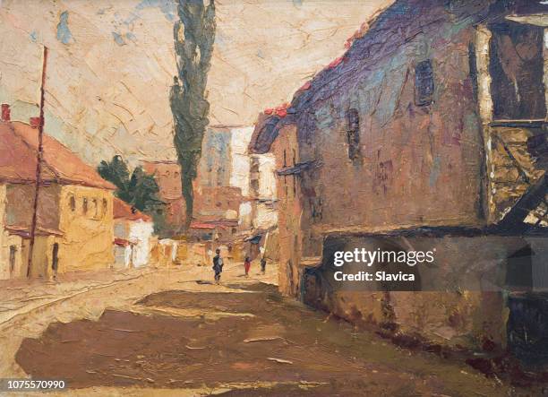 bildbanksillustrationer, clip art samt tecknat material och ikoner med oljemålning visar stadsgata och människor - impressionism