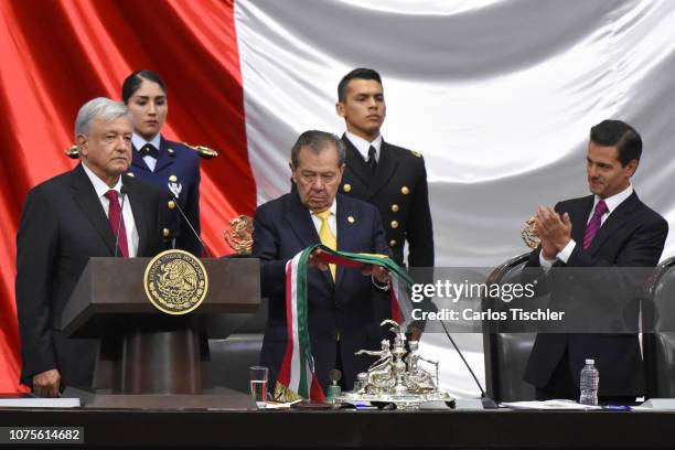 President of the Chamber of Deputies Porfirio Munoz Ledo hands over the presidential slash to newly appointed Mexican President Andres Manuel Lopez...