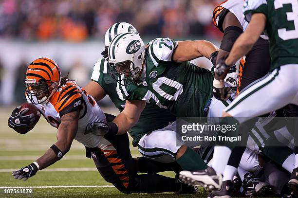 Cedric Benson of the Cincinnati Bengals rushes as Mike Devito of the New York Jets attempts to make the tackle on November 25, 2010 at the New...