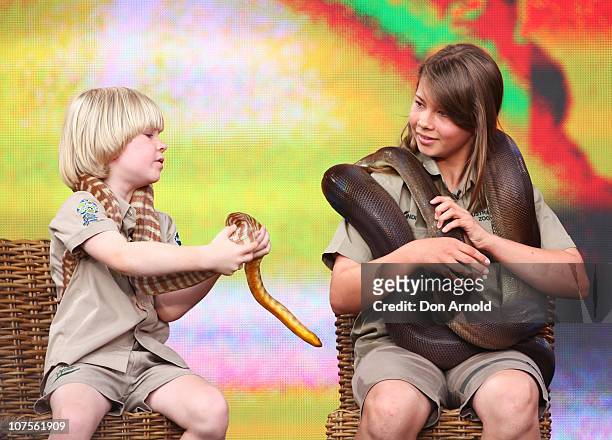 Bob and Bindi Irwin look out from the set during the first taping of the "Oprah Winfrey Show" at the on December 14, 2010 in Sydney, Australia....