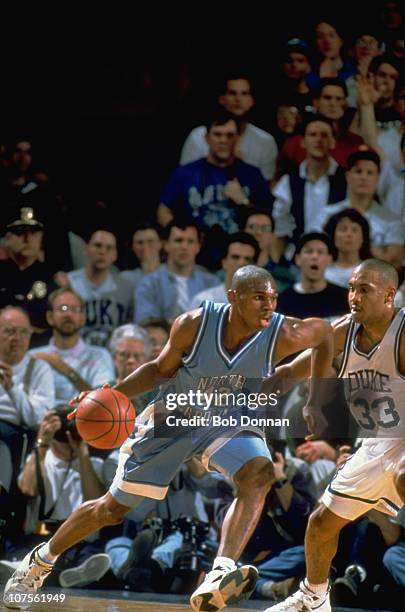 North Carolina Jerry Stackhouse in action vs Duke Grant Hill at Cameron Indoor Stadium.Durham, NC 3/5/1994CREDIT: Bob Donnan