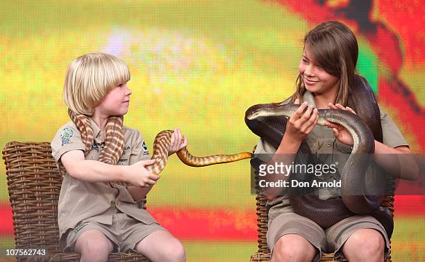 Bob Irwin and Bindi Irwin look at each other during the first taping of the "Oprah Winfrey Show" at the Sydney Opera House on December 14, 2010 in...