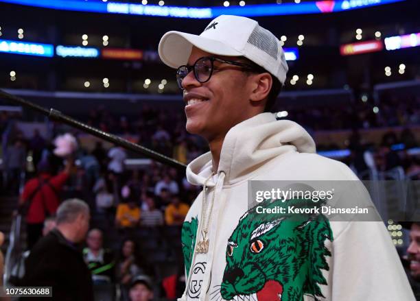 Shareef O'Neal son of former NBA basketball player with the Los Angeles Lakers Shaquille O'Neal attends basketball game between the Los Angeles...