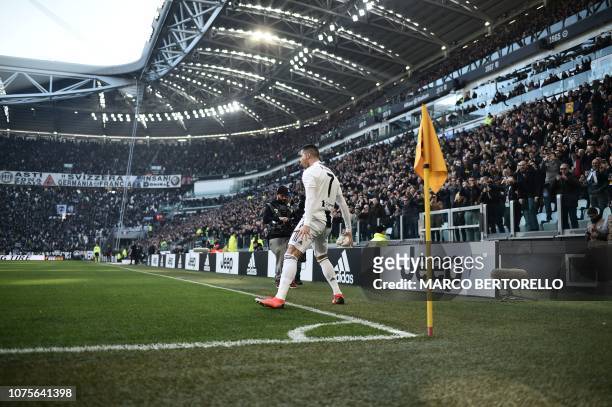 Juventus' Portuguese forward Cristiano Ronaldo celebrates after opening the scoring during the Italian Serie A football match Juventus vs Sampdoria...