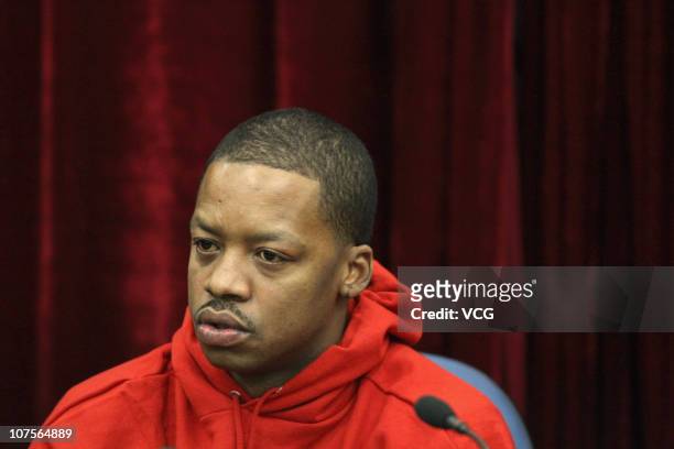 Former NBA player Steve Francis speaks during a press conference at the ShouGang gym on December 14, 2010 in Beijing, China. Steve Francis will start...
