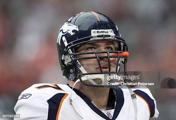 Defensive end Justin Bannan of the Denver Broncos stands on the sideline during the NFL game against the Arizona Cardinals at the University of...