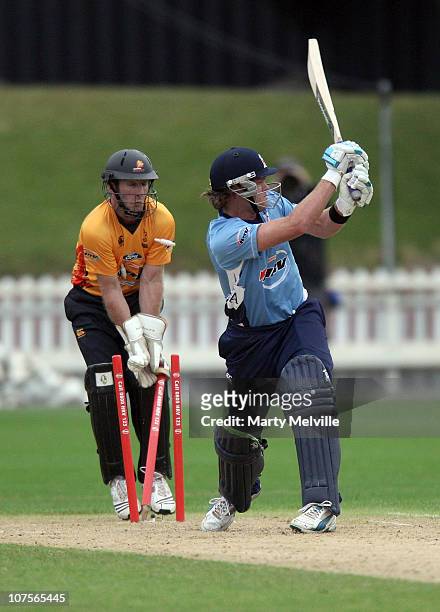 Lou Vincent of the Aces is bowled out during the HRV Twenty20 match between the Wellington Firebirds and Auckland Aces at Basin Reserve on December...