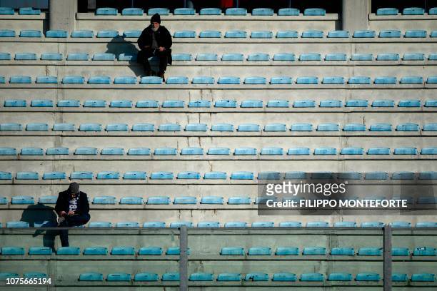The almost empty tribunes reserved for visitors are pictured prior to the Italian Serie A football match Empoli vs Inter Milan on December 29, 2018 a...