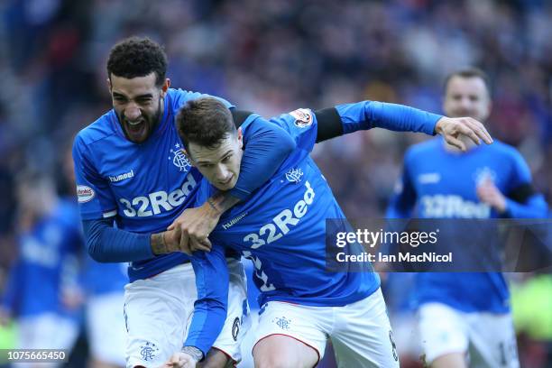 Connor Goldson of Rangers reacts after Ryan Jack of Rangers scores the opening goal reacts during the Ladbrookes Scottish Premiership match between...