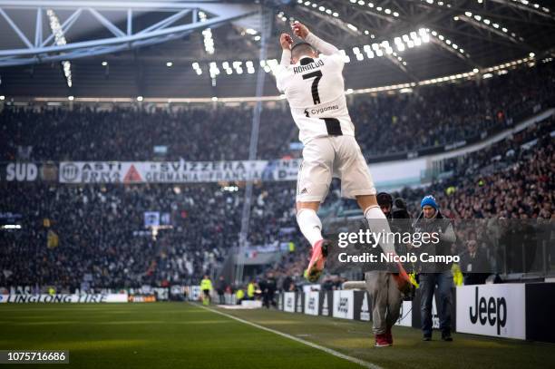 Cristiano Ronaldo of Juventus FC celebrates after scoring the opening goal during the Serie A football match between Juventus FC and UC Sampdoria....