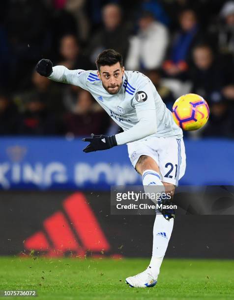Victor Camarasa of Cardiff City scores his sides first goal during the Premier League match between Leicester City and Cardiff City at The King Power...