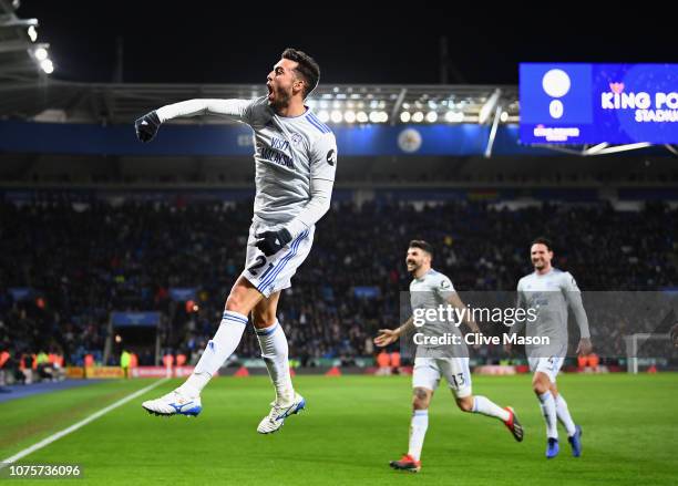 Victor Camarasa of Cardiff City celebrates after scoring his sides first goal during the Premier League match between Leicester City and Cardiff City...