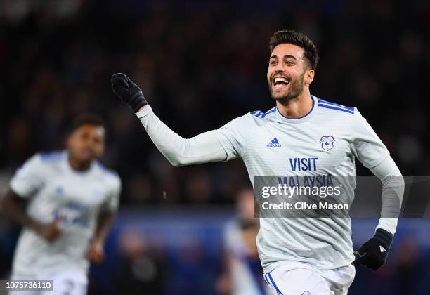 Victor Camarasa of Cardiff City celebrates after scoring his sides first goal during the Premier League match between Leicester City and Cardiff City...