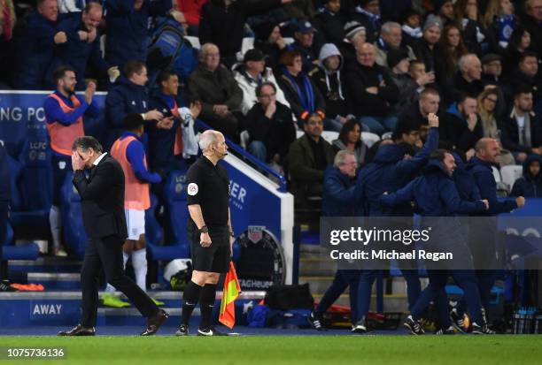 Claude Puel, Manager of Leicester City reacts as his side conceed a late goal during the Premier League match between Leicester City and Cardiff City...