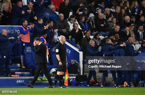 Claude Puel, Manager of Leicester City reacts as his side conceed a late goal during the Premier League match between Leicester City and Cardiff City...