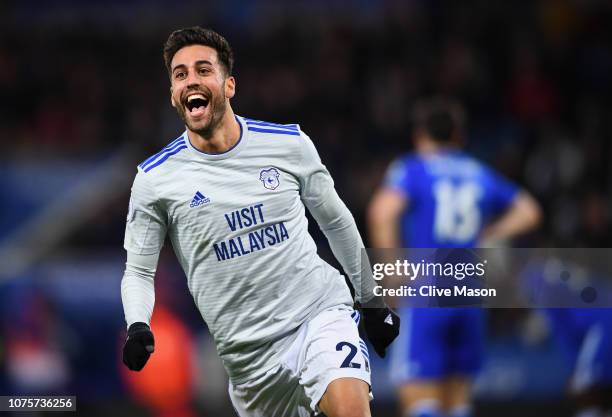 Victor Camarasa of Cardiff City celebrates after scoring his sides first goal during the Premier League match between Leicester City and Cardiff City...