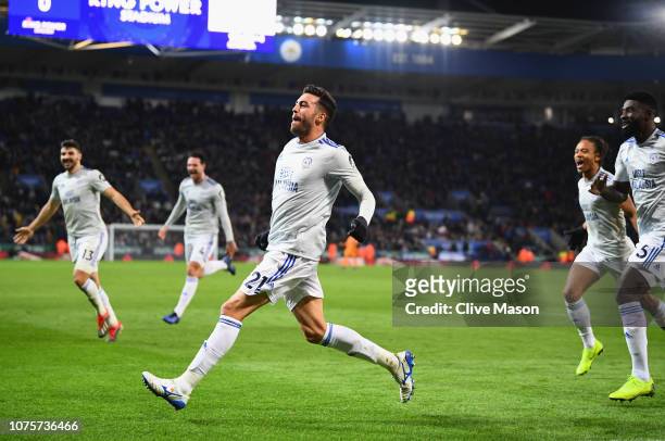 Victor Camarasa of Cardiff City celebrates after scoring his sides first goal during the Premier League match between Leicester City and Cardiff City...