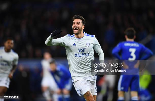 Victor Camarasa of Cardiff City celebrates after scoring his sides first goal during the Premier League match between Leicester City and Cardiff City...