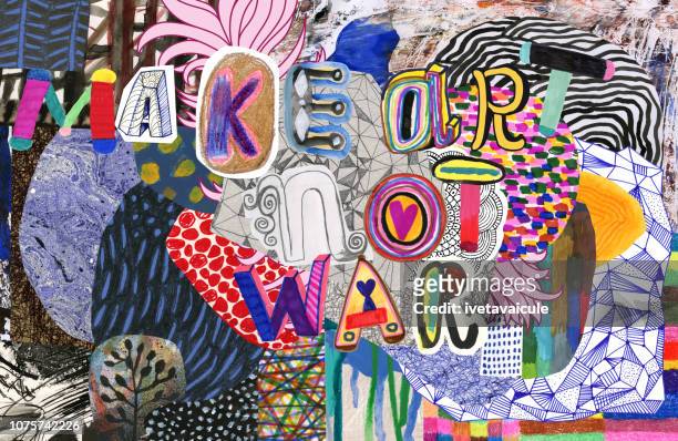 make art not war text on colourful pattern background - kreativität stock illustrations