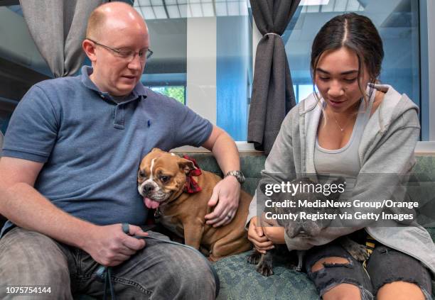 Brian Walsh with Mango, and Anni Fabio with Stewie, attend the French and English bulldog reunion at WAGS Pet Adoption in Westminster on Saturday,...