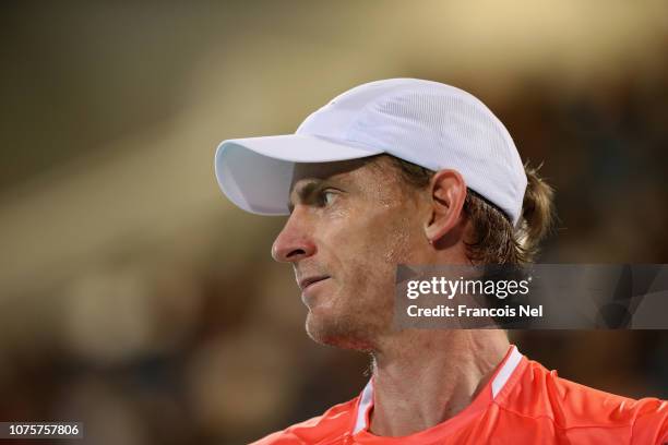 Kevin Anderson of South Africa looks on during the men's final match of the Mubadala World Tennis Championship at International Tennis Centre Zayed...