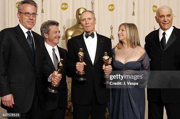 Tom Rosenberg, Clint Eastwood and Albert S. Ruddy, winners Best Picture for "Million Dollar Baby," with presenters Dustin Hoffman and Barbra Streisand