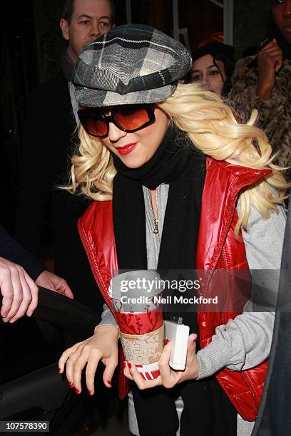 Christina Aguilera sighted leaving Claridges on December 14, 2010 in London, England.