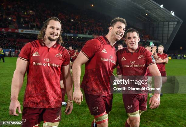 Limerick , Ireland - 29 December 2018; Munster players from left, Arno Botha, Jean Kleyn and CJ Stander after the Guinness PRO14 Round 12 match...