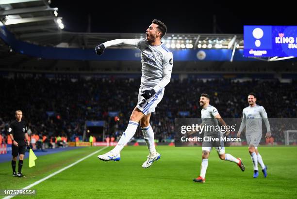 Victor Camarasa of Cardiff City celebrates after scoring his sides first goal during the Premier League match between Leicester City and Cardiff City...