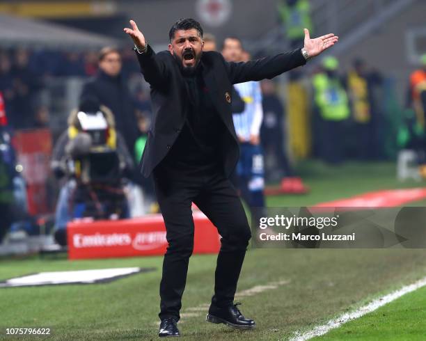 Milan coach Gennaro Gattuso shouts during the Serie A match between AC Milan and SPAL at Stadio Giuseppe Meazza on December 29, 2018 in Milan, Italy.