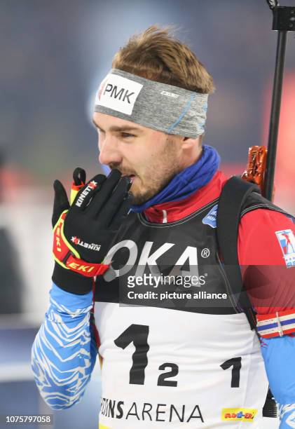December 2018, North Rhine-Westphalia, Gelsenkirchen: Russian biathlete Anton Schipulin finishes the 17th Biathlon World Team Challenge in the...